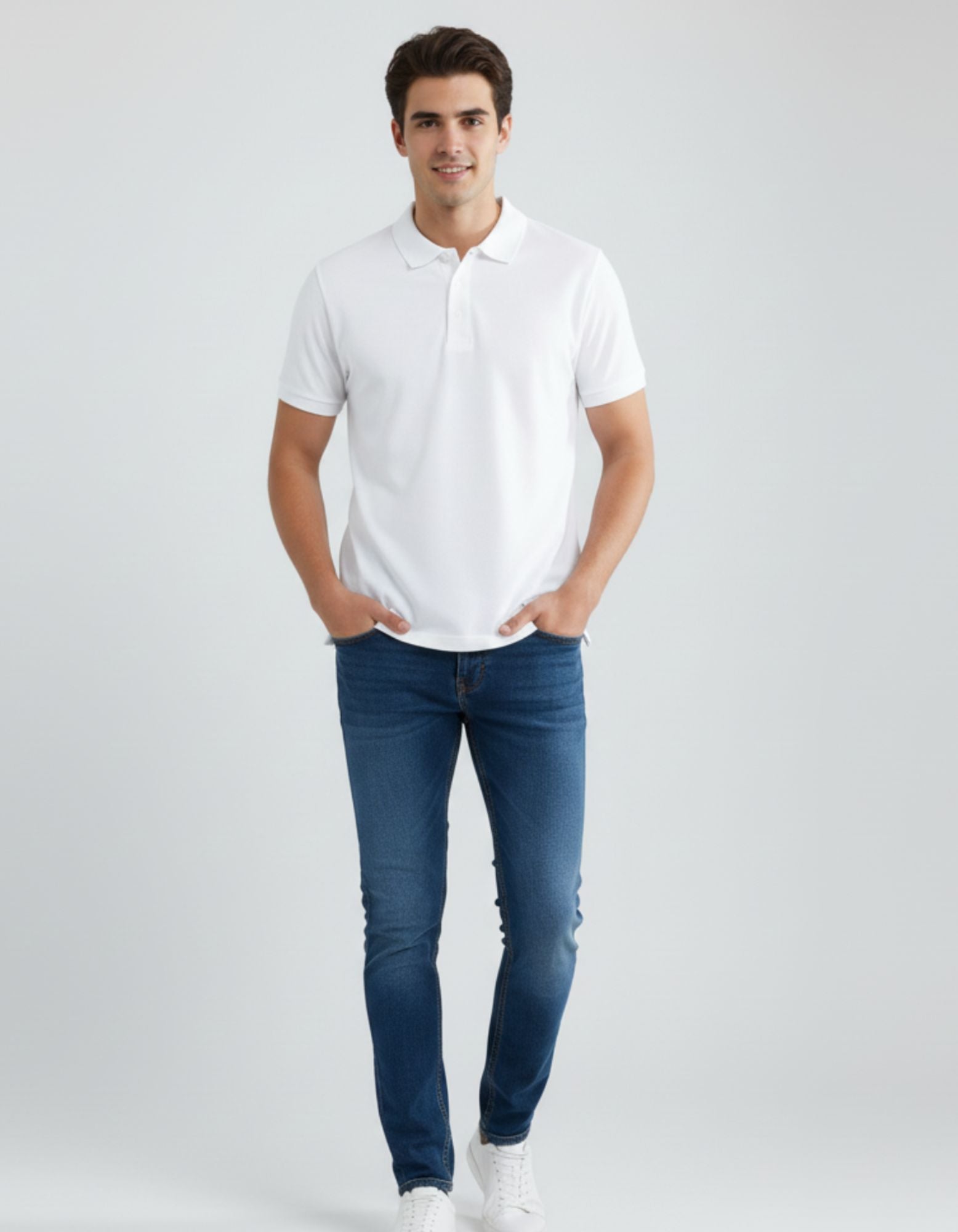 Classic Polo Tee White Men Full Front – Premium Cotton Polo T-Shirt