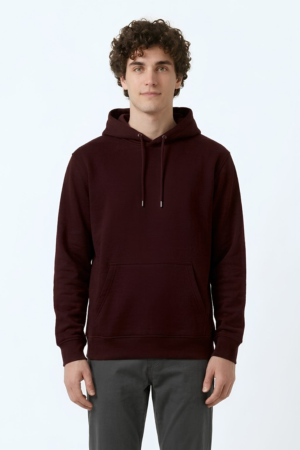 Maroon color core edition relaxed fit hoodie half front view in premium cotton by MEBRAND