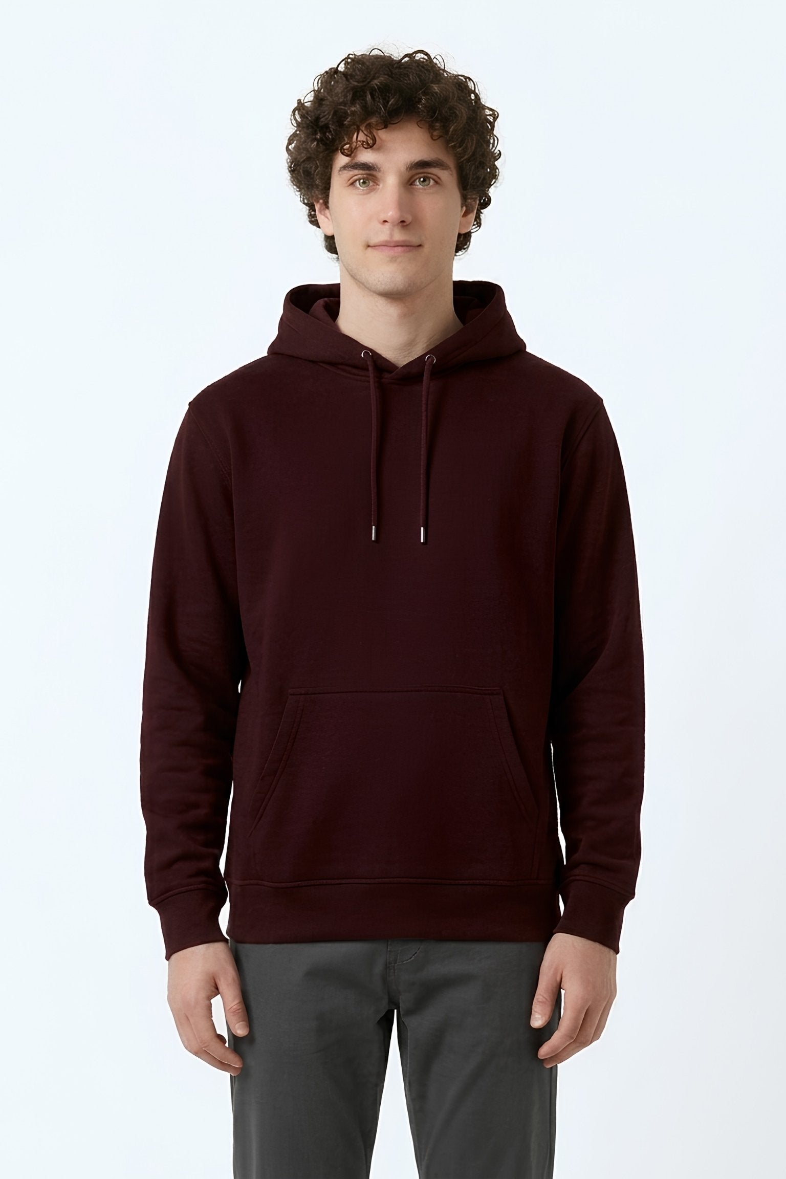 Maroon color core edition relaxed fit hoodie half front view in premium cotton by MEBRAND