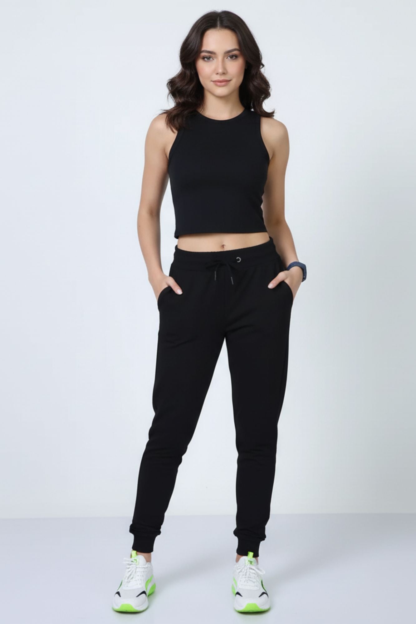 Mebrand Active Thunder women’s joggers in Black– front view on full model