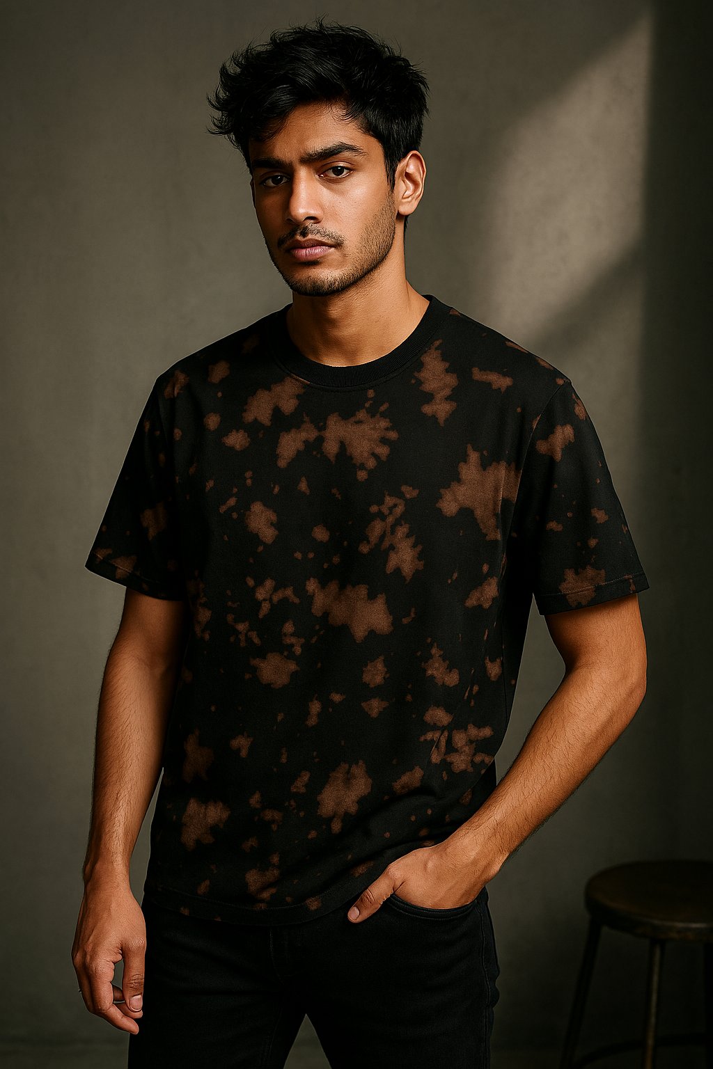 Front view of men's model wearing Mebrand Earth brown black tie-dye oversized t-shirt