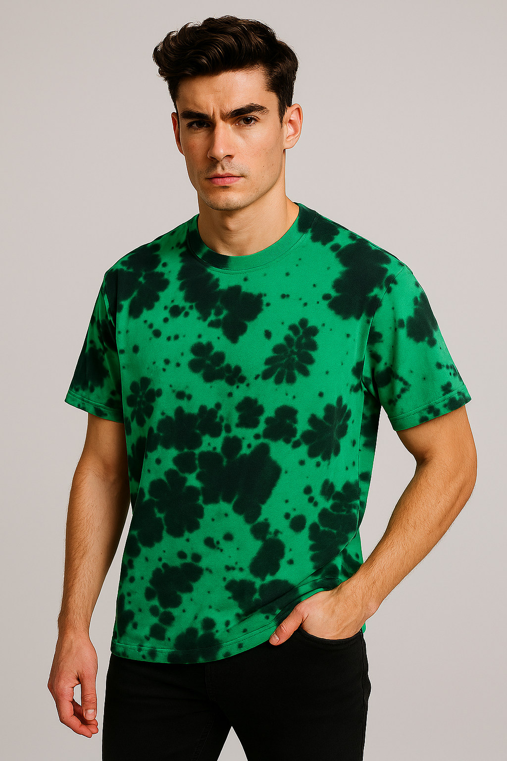 Front view of men's model wearing Mebrand Forest green black tie-dye oversized t-shirt