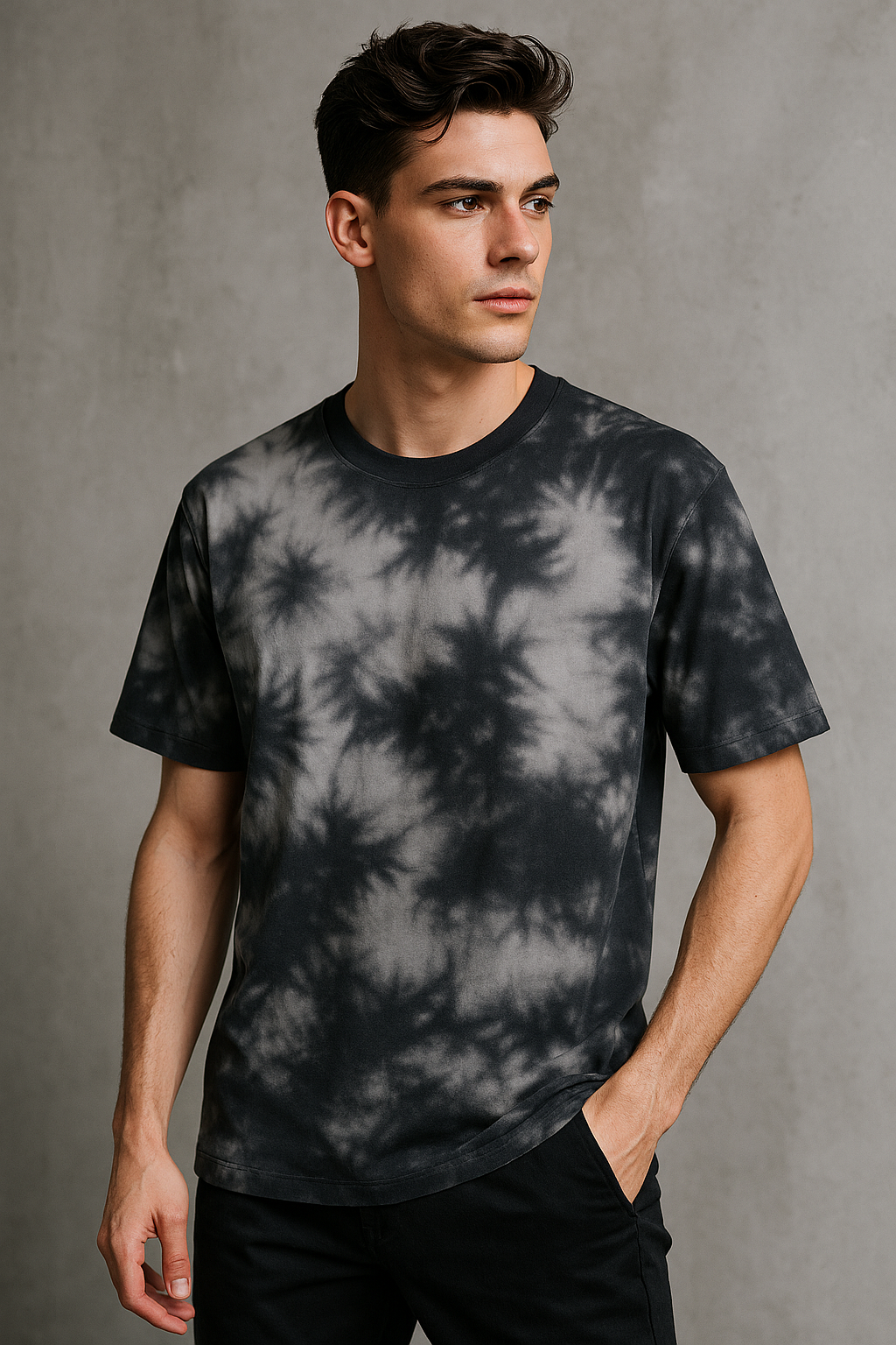 Front view of men's model wearing Mebrand Smoke white black tie-dye oversized t-shirt