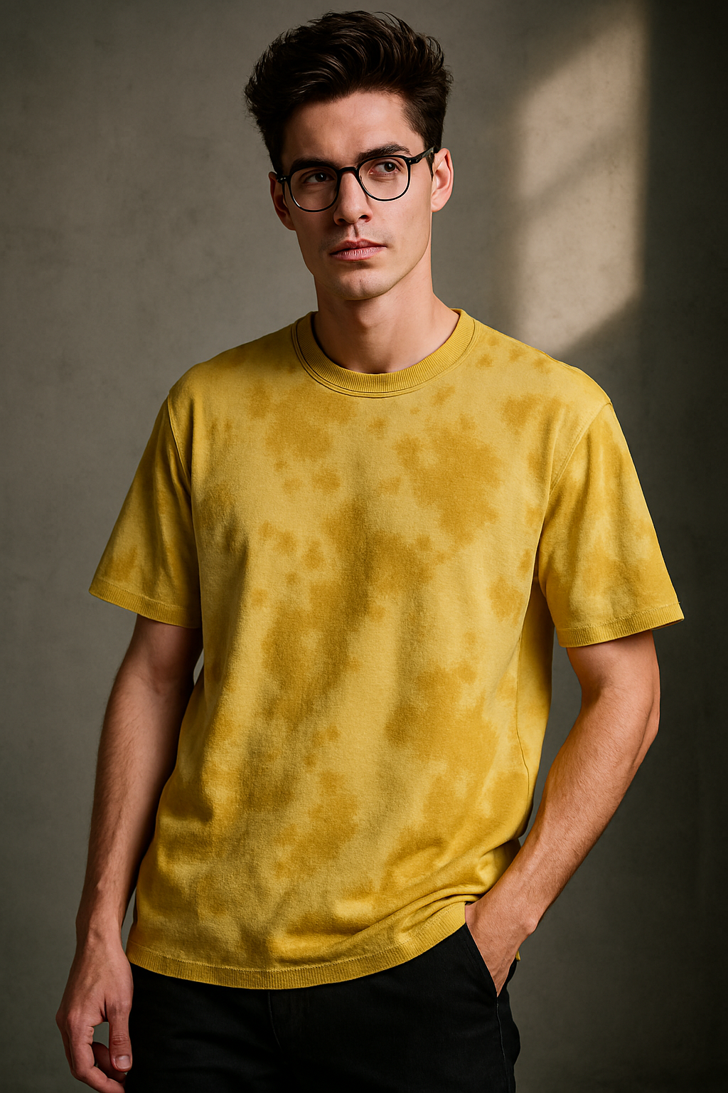 Front view of men's model wearing Mebrand solar yellow tie-dye oversized t-shirt