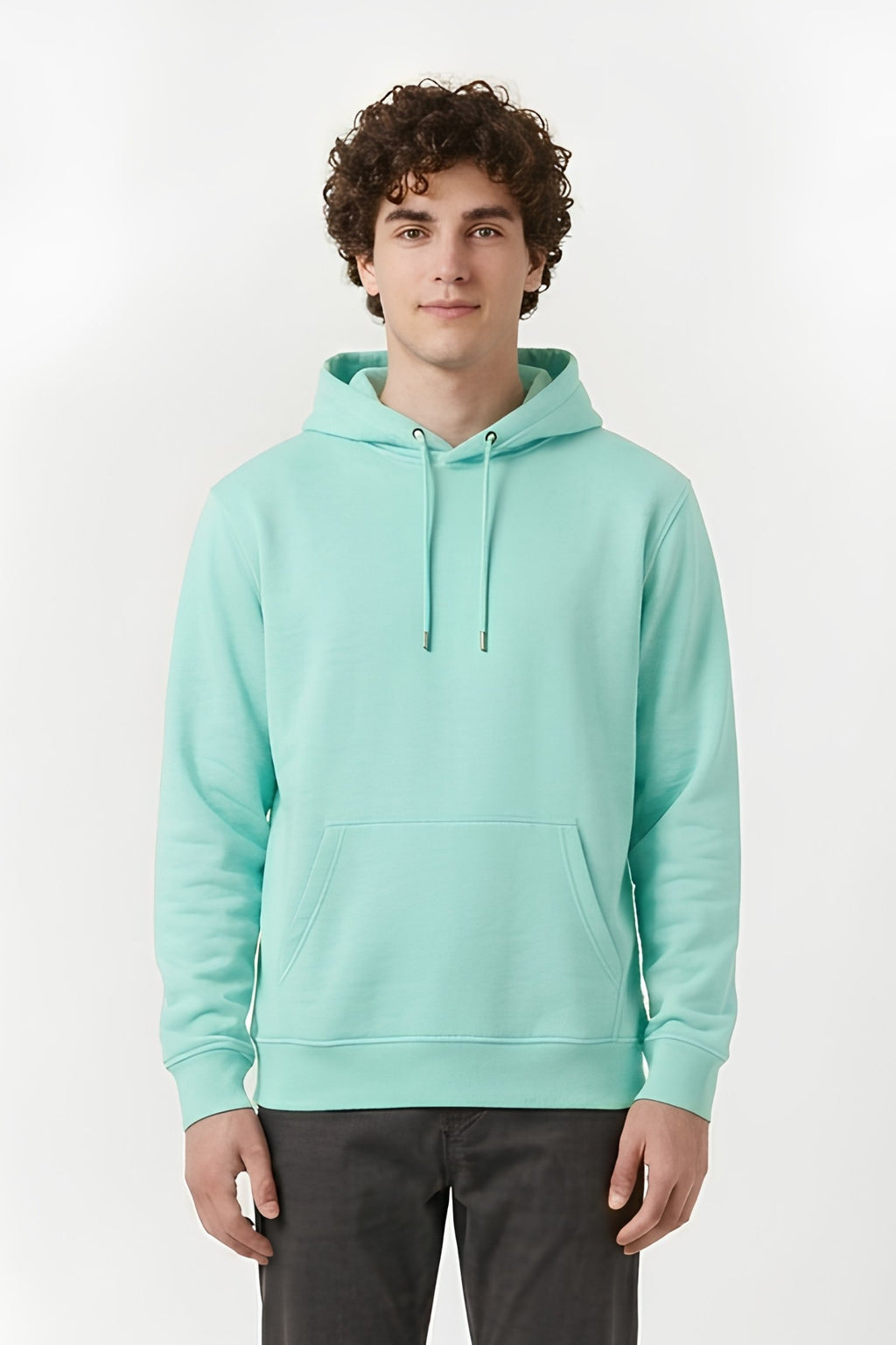 Mint color core edition relaxed fit hoodie half front view in premium cotton by MEBRAND