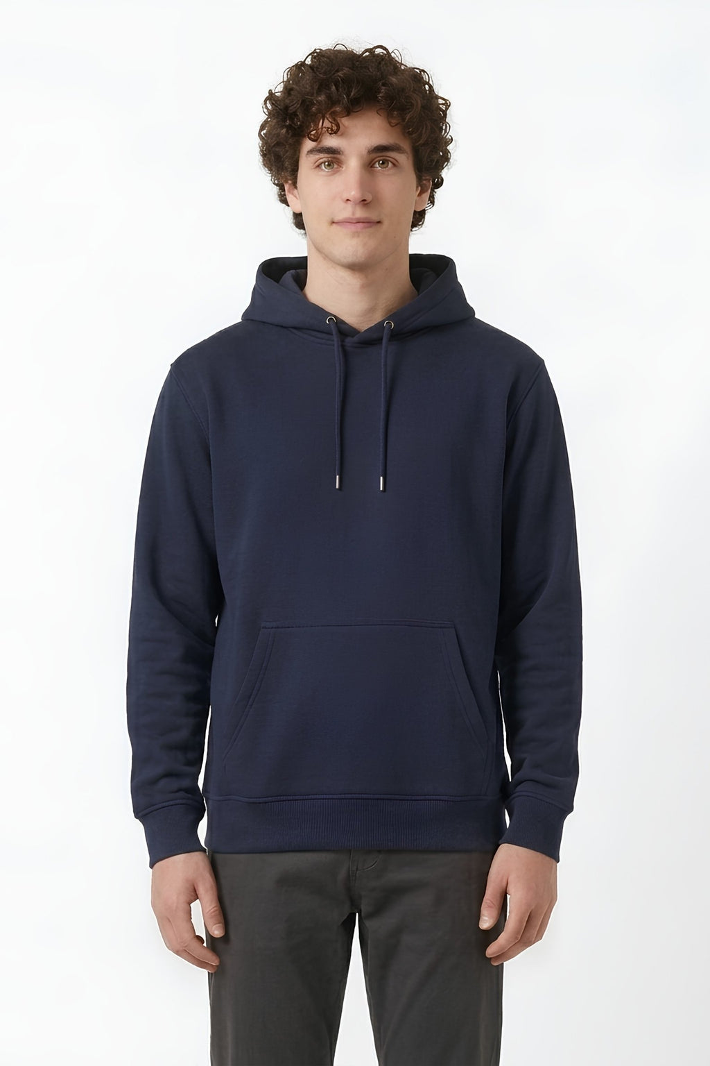Navy Blue color core edition relaxed fit hoodie half front view in premium cotton by MEBRAND