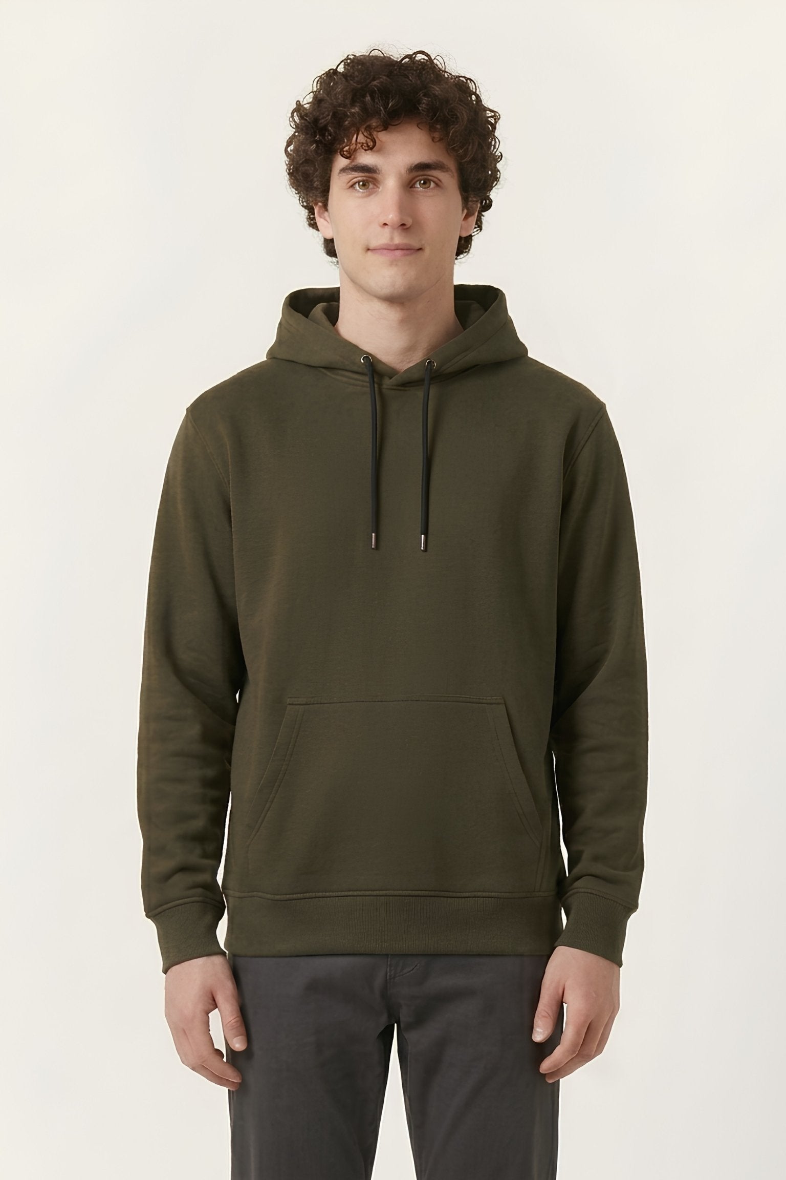 Olive Green color core edition relaxed fit hoodie half front view in premium cotton by MEBRAND