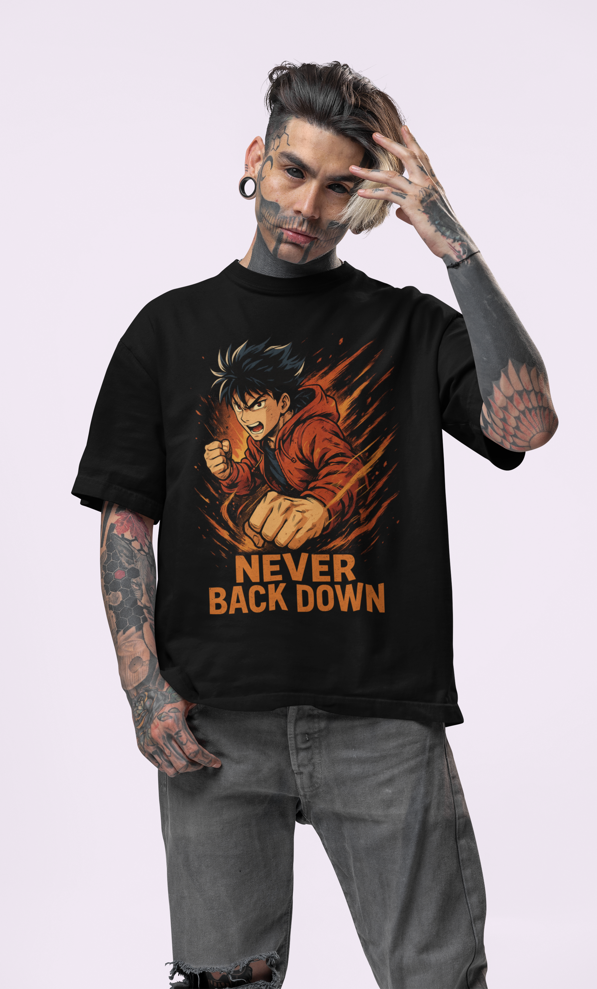 Anime graphic black t-shirt with 'Never Back Down' slogan.
