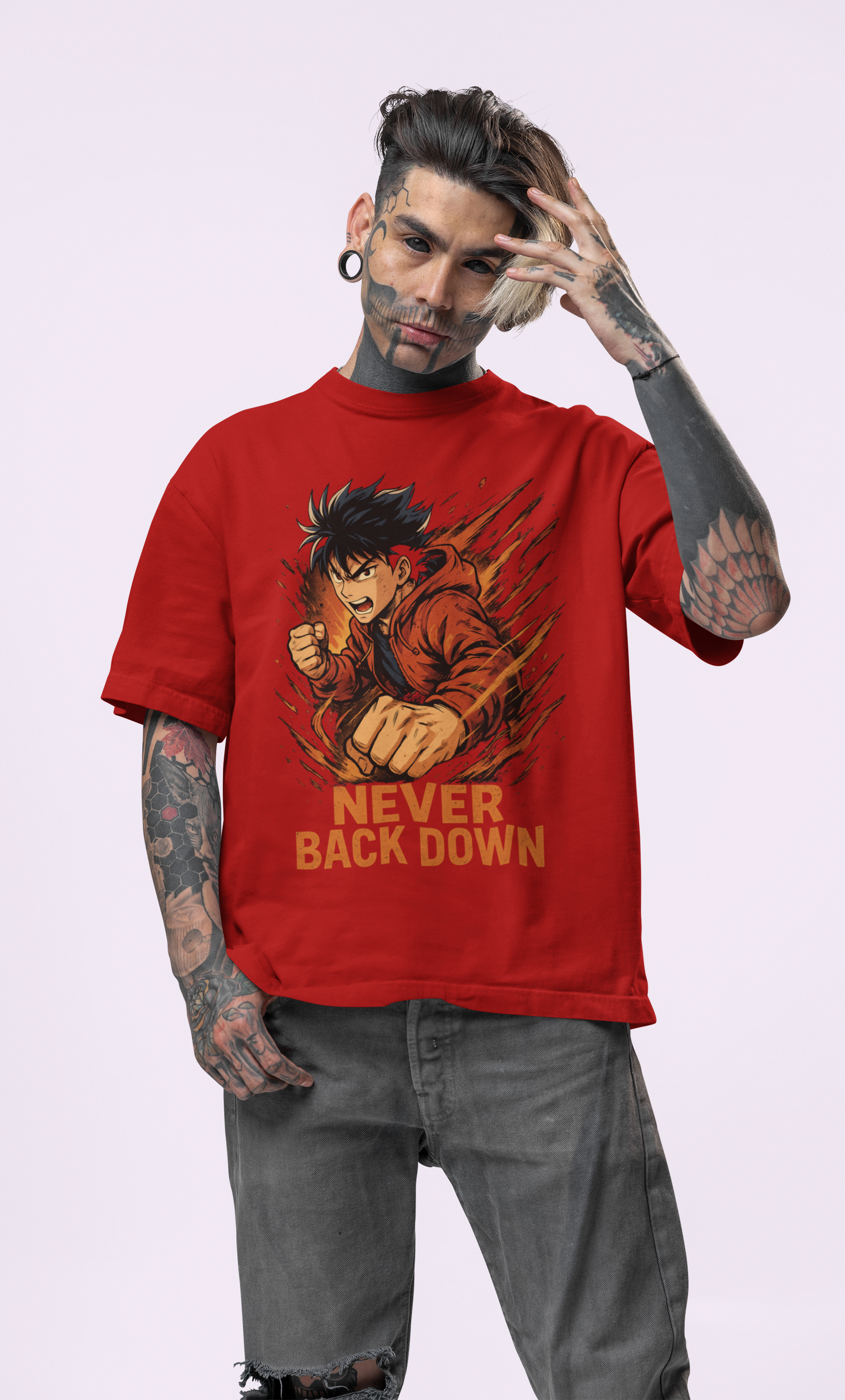 Anime graphic red t-shirt with 'Never Back Down' slogan.
