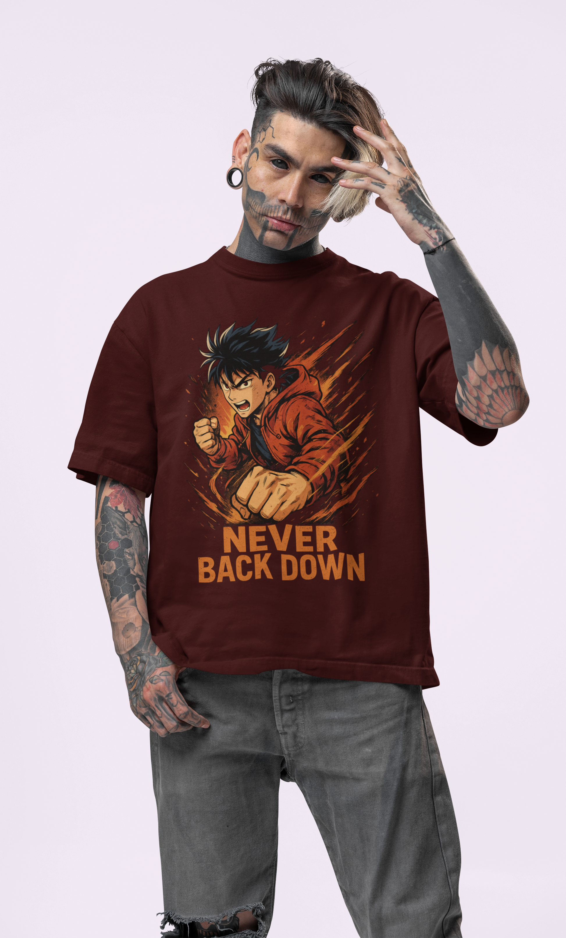 Anime graphic maroon t-shirt with 'Never Back Down' slogan.