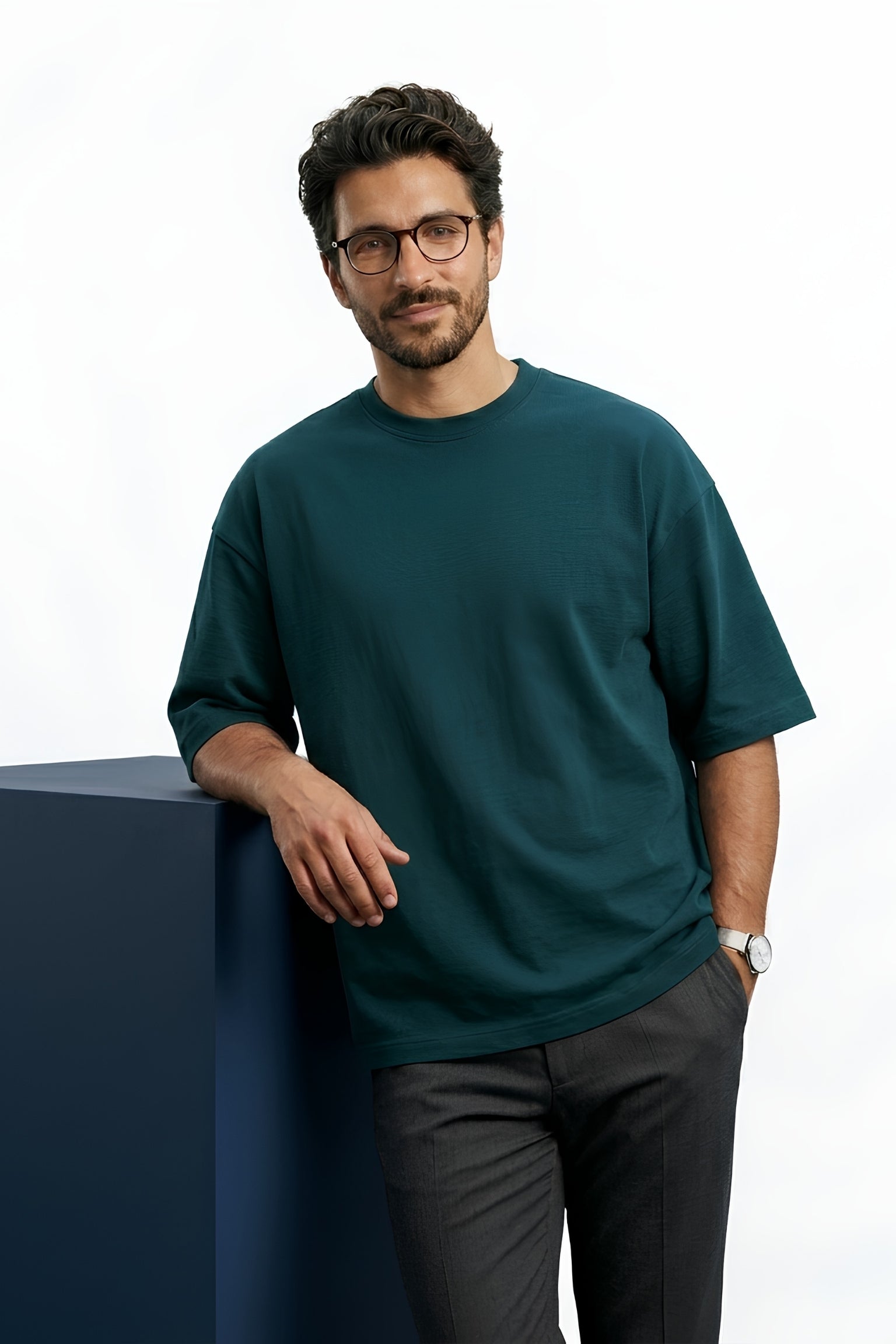 Petrol Blue Core Edition oversized tee in premium cotton by MEBRAND front view 2