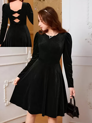 Women Velvet Round Neck Short Dress