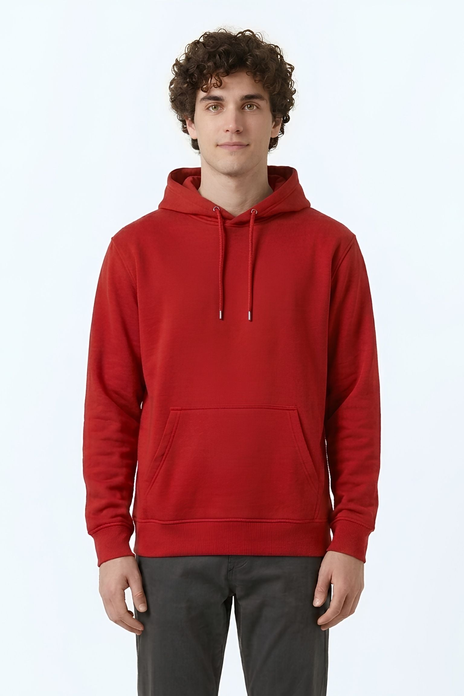 Red color core edition relaxed fit hoodie half front view in premium cotton by MEBRAND