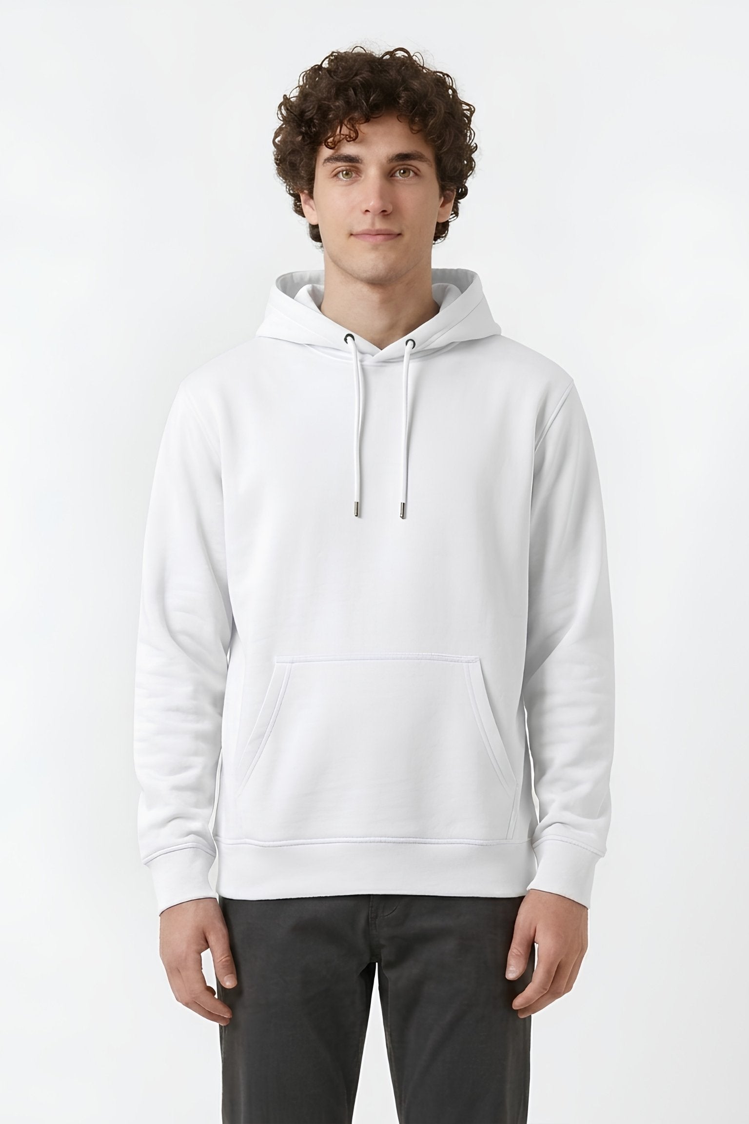 White color core edition relaxed fit hoodie half front view in premium cotton by MEBRAND